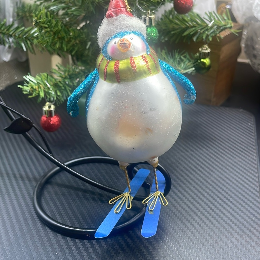 Blown Glass Skiing Penguin Ornament